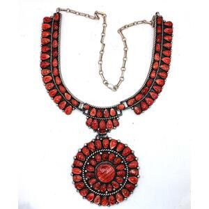 Feather Marked Native American Sterling Silver Spiny Oyster Cluster Necklace